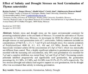 Effect of Salinity and Drought Stresses on Seed Germination of Thymus satureioides