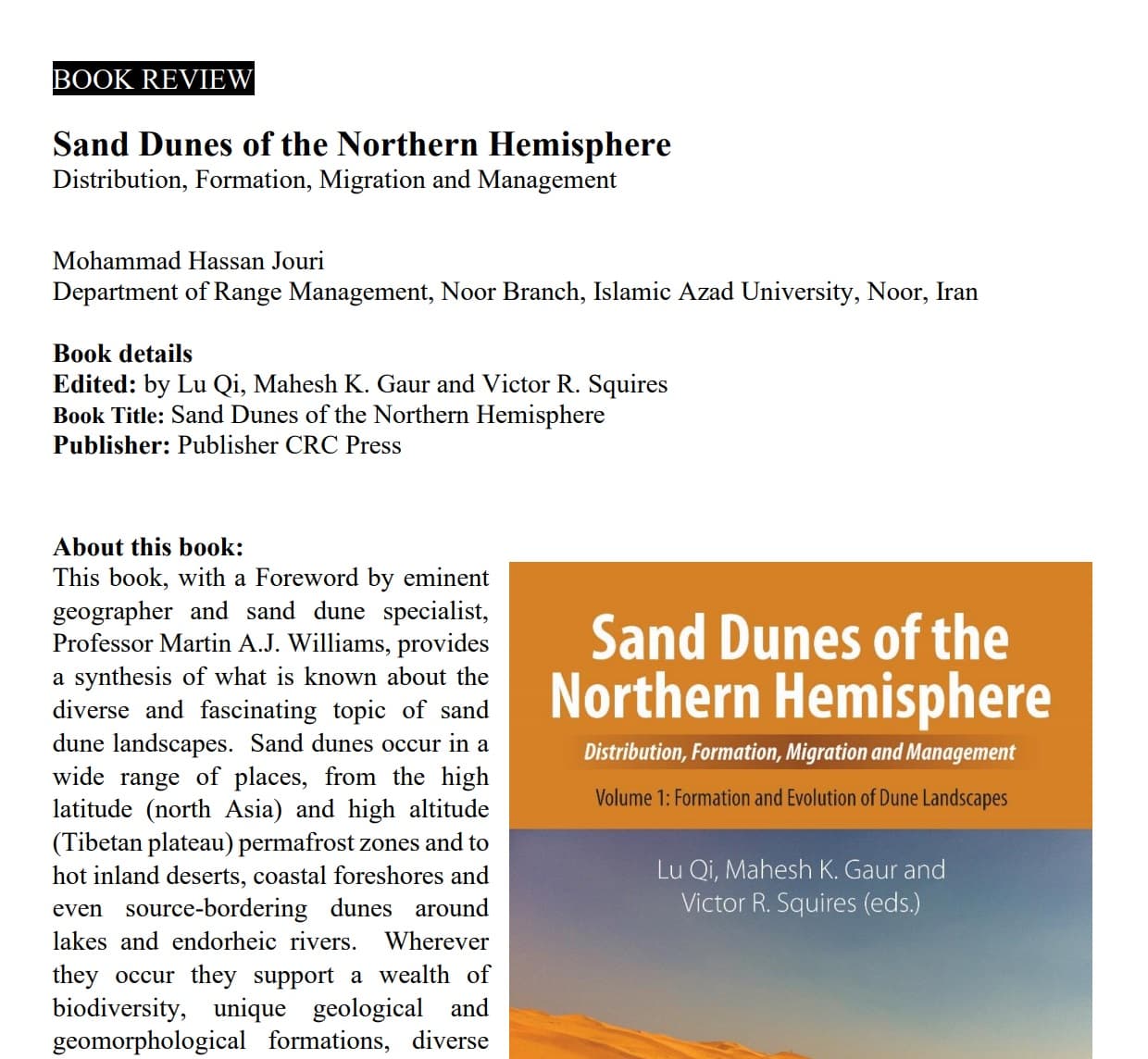 Sand Dunes of the Northern Hemisphere Distribution, Formation, Migration and Management