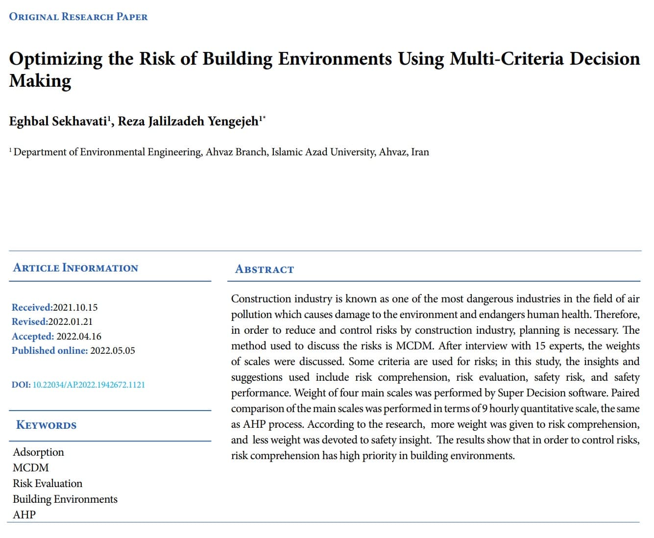 Optimizing the Risk of Building Environments Using Multi-Criteria Decision Making
