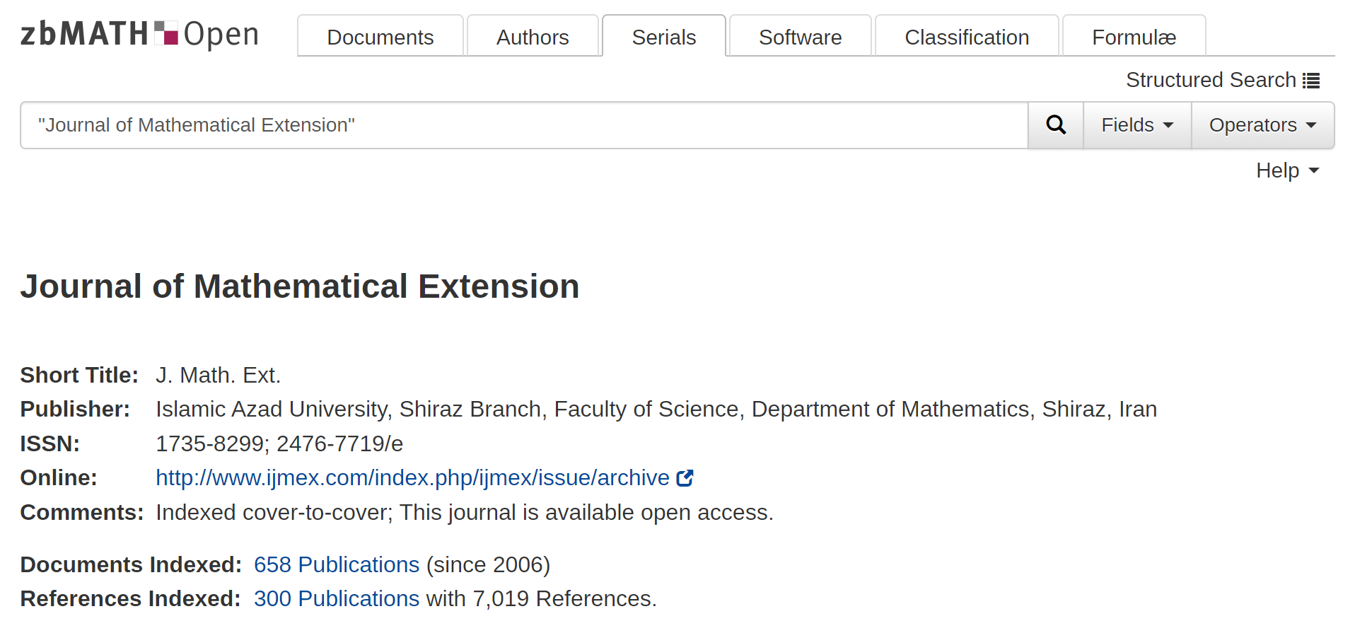 zbMATH Open - Journal of Mathematical Extension